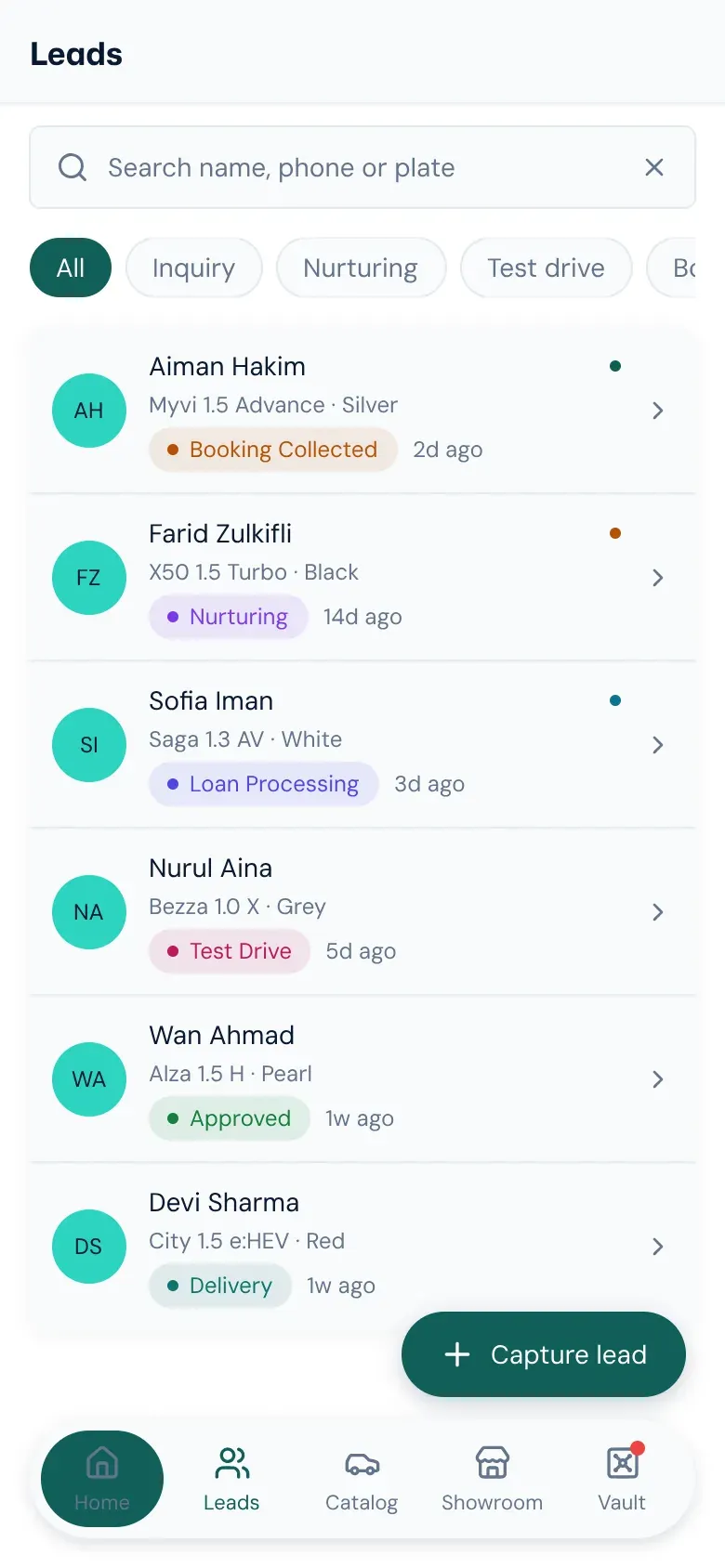 Contoh skrin senarai lead CLOSA pada telefon